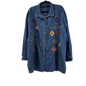 Aztec Denim Shirt Tunic Top Embroidered Southwestern 3X LongSleeve Artsy Western